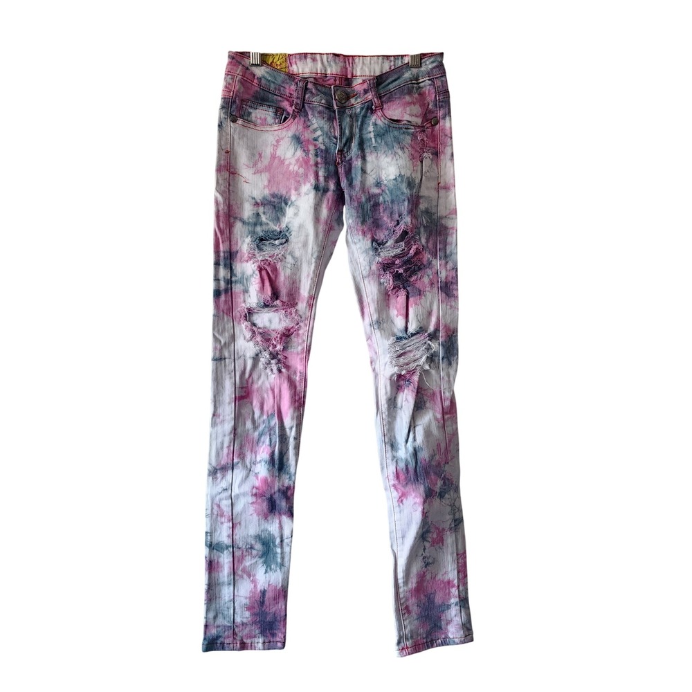 Machine Jeans Low Rise Skinny Jeans Women 1 Pink Blue Tie Dye Distressed Y2K